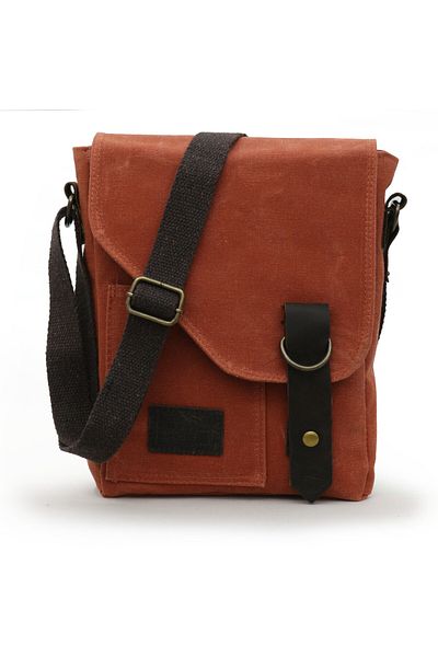 DARK COTTON 7059 Pretty Brick Red Genuine Leather Water Resistant Waxed Canvas Messenger Shoulder School Bag