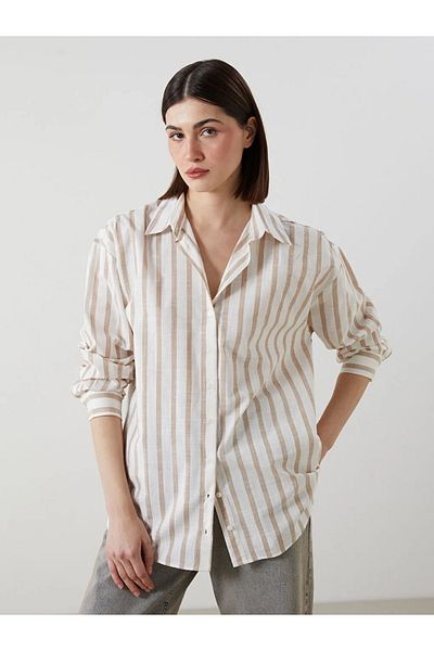 LC Waikiki Lcw Eco Beige Striped Poplin Women's Shirt Tunic