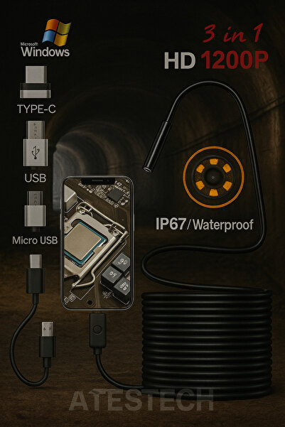 AteşTech ENDOSKOP Yılan Kamera Android Uyumlu Led Işıklı 10 metre Sert Kablo Su Geçirmez