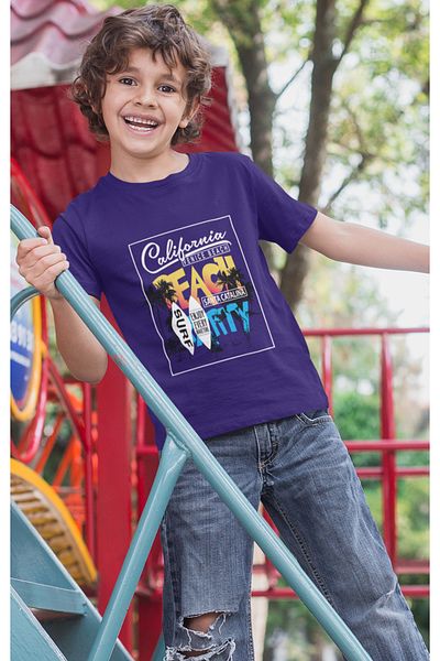Bubuga Boys California Venice Beach Surf Printed Short Sleeve T-Shirt – 100% Cotton Single Jersey Fabric