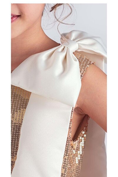 Mnk Baby&Kids Yaka Fiyonk Işıltılı Pul Payet Kumaş Kız Çocuk Abiye Elbise M00702 ALTIN SARISI