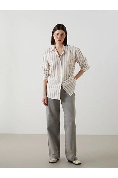 LC Waikiki Lcw Eco Beige Striped Poplin Women's Shirt Tunic