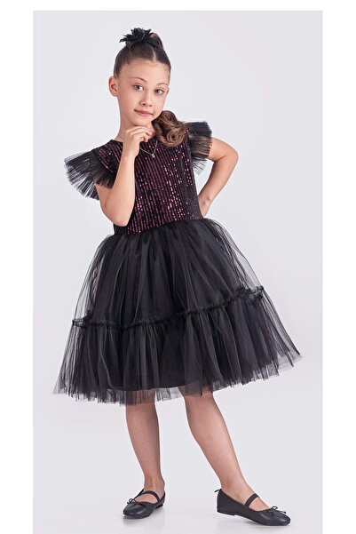 Mnk Baby&Kids Pul Payet Katkat Tütü Etekli Kız Çocuk Elbise M00722 SİYAH - FUŞYA