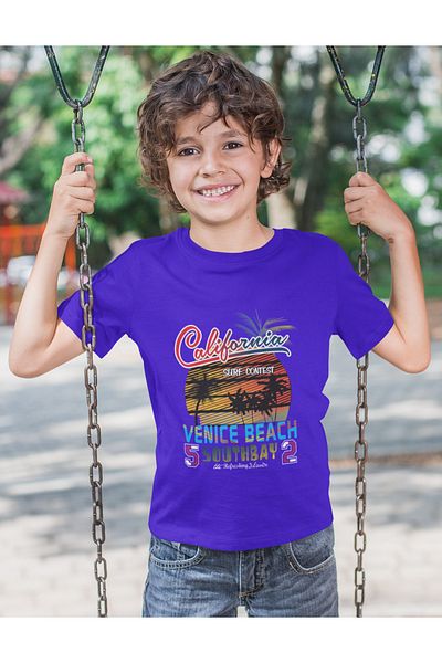 Bubuga Boys California Surf Contest Venice Beach Printed Short Sleeve T-Shirt – 100% Cotton Single Jersey Fabric