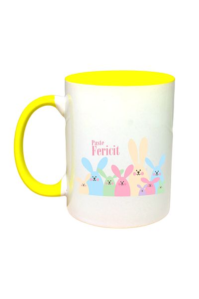 OEM Cana personalizata cu maner galben „Paste Fericit!”, Model 7, INOVATIX®. 330 ml