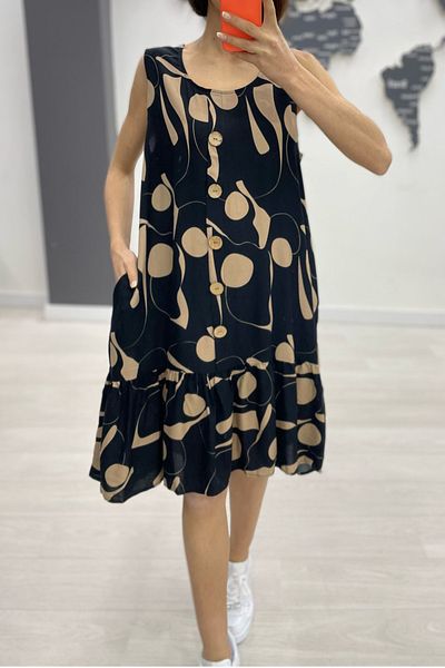 AYASOFYA OTANTIK Rochie midi fără mâneci, cu buzunare, cu nasturi de nurcă neagră