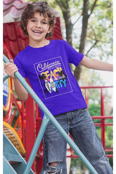 Bubuga Boys California Venice Beach Surf Printed Short Sleeve T-Shirt – 100% Cotton Single Jersey Fabric