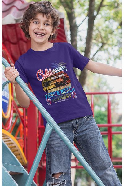 Bubuga Boys California Surf Contest Venice Beach Printed Short Sleeve T-Shirt – 100% Cotton Single Jersey Fabric