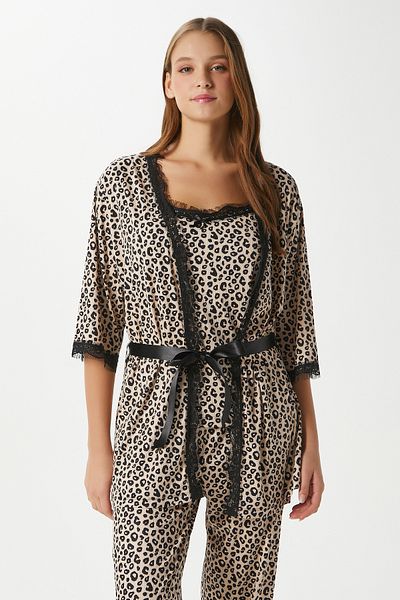 Ritnice Γυναικεία Betty Leopard 3 Pack Παντελόνι Πρωινό Σετ Πλεκτές Πιτζάμες με Δαντέλα με Δαντέλα