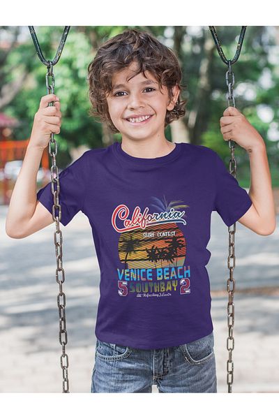 Bubuga Boys California Surf Contest Venice Beach Printed Short Sleeve T-Shirt – 100% Cotton Single Jersey Fabric