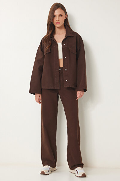 Lovelyİstanbul Belted Denim Jacket Trousers Suit Brown Lri0007