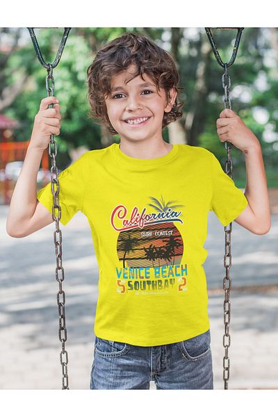 Bubuga Boys California Surf Contest Venice Beach Printed Short Sleeve T-Shirt – 100% Cotton Single Jersey Fabric