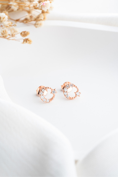 ESSARE 925 Ayar Rose Kaplama Gümüş Ay Yıldız Minimal Küpe