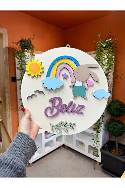 Baykuş Craft Mimarlık Özel Tasarım Hediyelik Tavşanlı Gökkuşaklı Hayvanlı Kız Bebek Ahşap Hastane Kapı Süsü