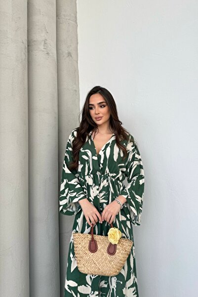 Mezka Rochie de damă, verde, alb, cu model de pasăre, cu talie elastică, cu fantă lungă, la două piept