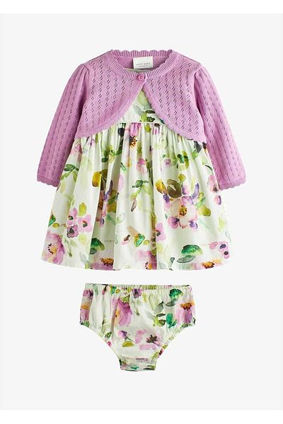 Next Baby 100% Cotton Floral Patterned Cotton Lined 3-Piece Crop Cardigan Short Sleeve Dress and Panties Set