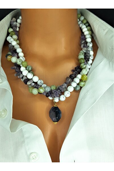 Asteria Elite الزبرجد الجمشت Howlite ثلاثة صفوف التوازن الروحي والسلام قلادة