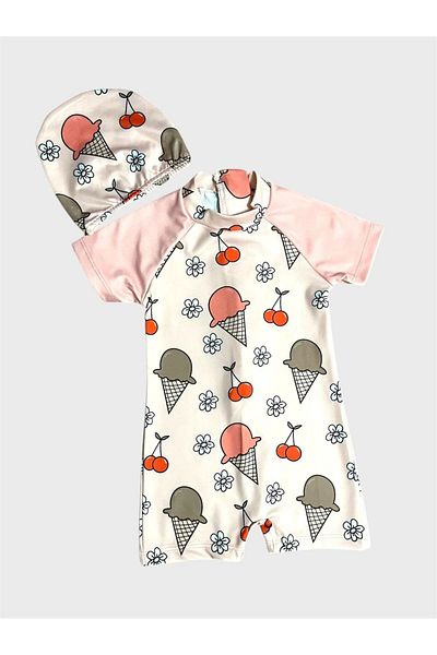 ALİŞ KİDS Girl's Pink Cream Color Cherry Flower Ice Cream Patterned Short Sleeve Bonnet Protected Swimsuit