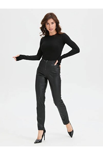 GNSGİYİM Siyah Parmak Geçmeli Uzun Kollu Bisiklet Yaka Viskon Likralı Badi