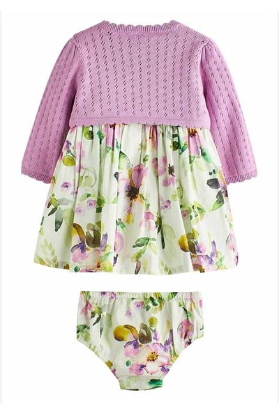Next Baby 100% Cotton Floral Patterned Cotton Lined 3-Piece Crop Cardigan Short Sleeve Dress and Panties Set