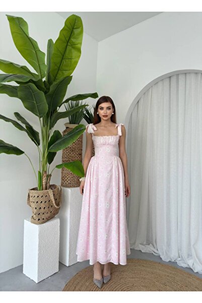 conconmoda Kadın Tasarım Crep Kumaş Desenli Kalın Askılı Daniela Elbise