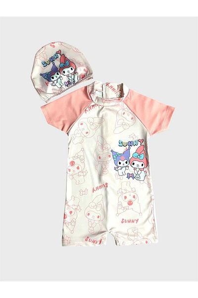 ALİŞ KİDS Girl's Cream Yavruağzı Kuromi Sunny Patterned Short Sleeve Bonnet Protected Swimsuit
