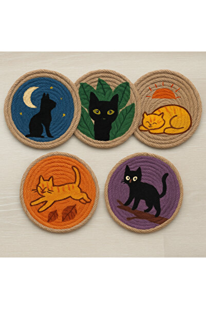 KaplumKurbağa Atölyesi Susen Design Bohem Duvar Tabağı 5li Kedili Set