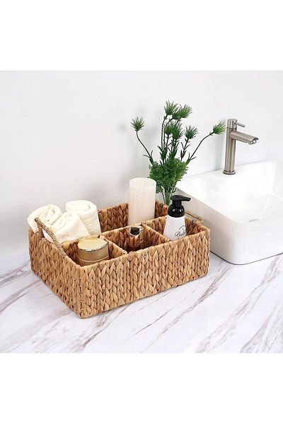 DERİK Kadroğlu Handmade Natural Wicker Rectangular Multi-Purpose 4-Compartment Cabinet Organizer (43X30X1