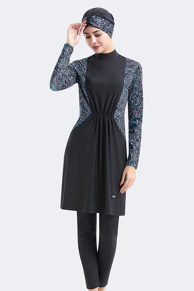 C&City Vollständig bedeckter 4-teiliger geraffter Hijab-Badeanzug C14032 Schwarz