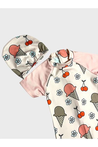 ALİŞ KİDS Girl's Pink Cream Color Cherry Flower Ice Cream Patterned Short Sleeve Bonnet Protected Swimsuit