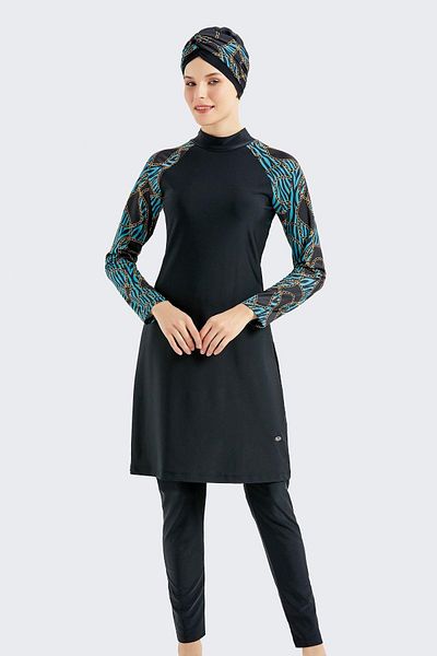C&City Vollständig bedeckter 4-teiliger Hijab-Badeanzug C14020 Schwarz/Türkis