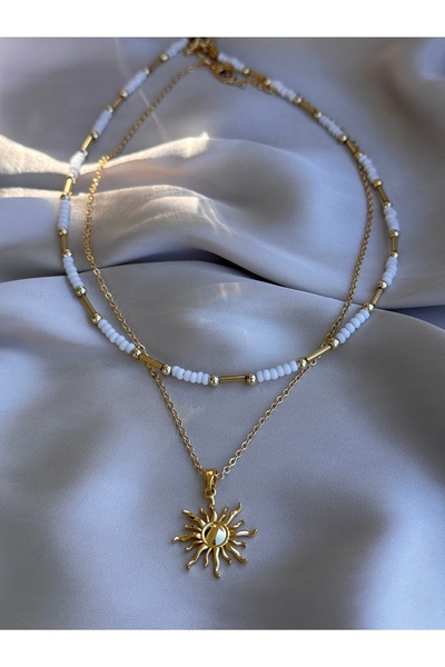 Miliva Altın Kaplama Güneş Kolye ve Beyaz Boncuklu Gold Kolye | Yazlık Kolye | İkili Kolye | Kombin Kolye