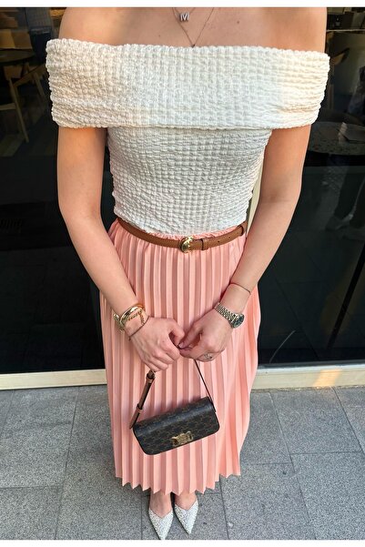 thesunfyre Γυναικεία ροζ ελαστική μέση ίσια πλισέ μάξι φούστα