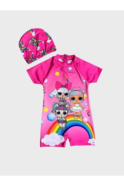 ALİŞ KİDS Girl's Pink Lol Patterned Short Sleeve Boned Protected Swimsuit