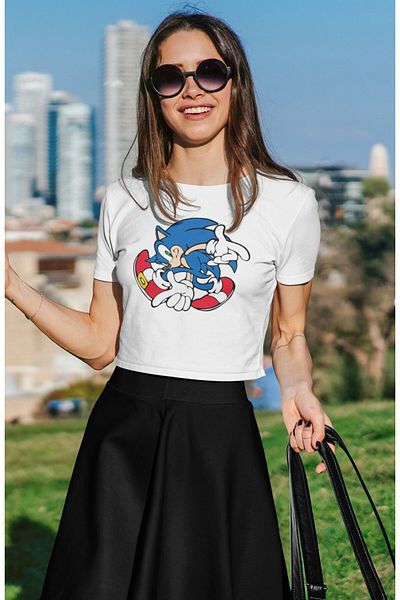 Fuddy Moda Crop Top με στάμπα Hedgehog Sonic, Γυναικεία μπλούζα με θέμα τα κινούμενα σχέδια