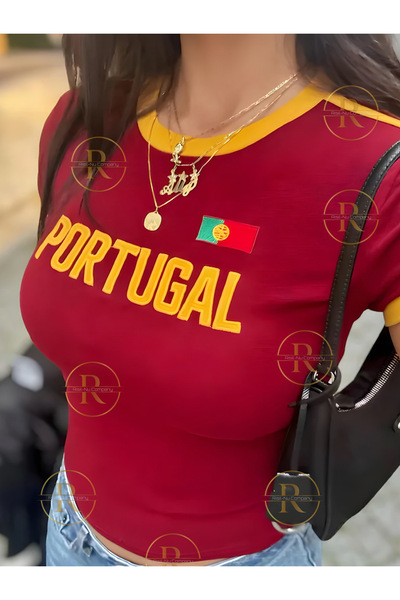 NewCabin Yellow Piping Detailed Brazil, Portugal, Jamaica Printed Stretch Fabric Crop T-Shirt