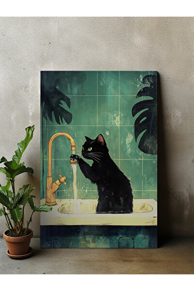 DES VU PRINT Kedi Posteri, Ellerini Yıkayan Kedi Posteri, Banyo Kedi Temalı Ç...