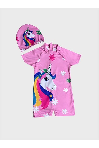 ALİŞ KİDS Girl's Pink Unicorn Flower Patterned Short Sleeve Boned Protected Swimsuit
