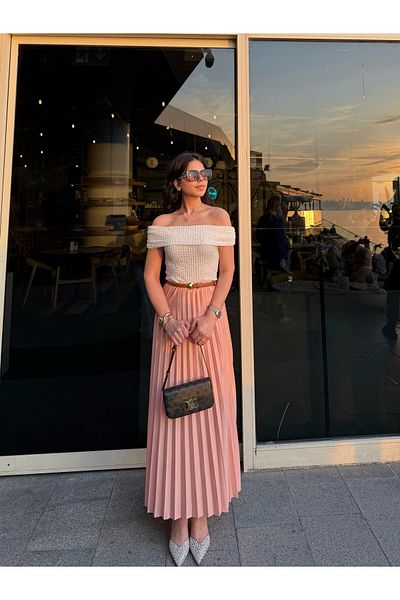 thesunfyre Fusta maxi pliată, roz, cu talie elastică, pentru femei