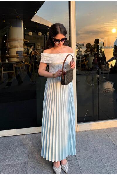 thesunfyre Fusta maxi pliată, albastră, cu talie elastică pentru femei