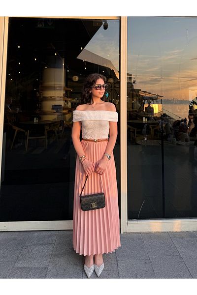 thesunfyre Fusta maxi pliată, roz, cu talie elastică, pentru femei