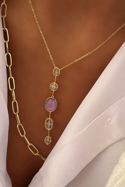 fk studio design Steel Color Asymmetrical Stone Y Necklace