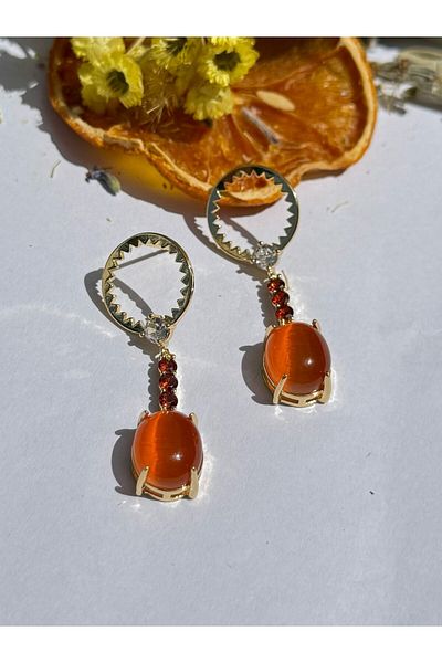 MyladyAccessoriess Special Series Orange Stone and Zircon Stone Detailed Hanging Earrings