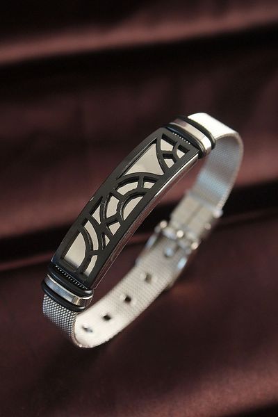 Clariss 316L Steel Black Patterned Adjustable Straw Cord Bracelet