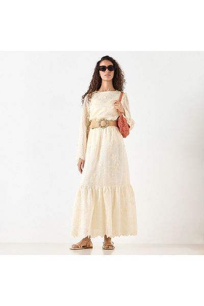 Youth All-Over Floral Embroidered A-line Skirt with Scallop Hem and Elasticated Waistband