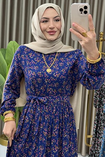 Mercan Danla Dress Dark Blue Viscose Hijab Long Sleeve Dress Casual