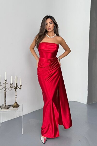 İyem Abiye Straplez Düz Sırt Bağcıklı Örme Saten Davet Ve Mezuniyet Abiye Elb...