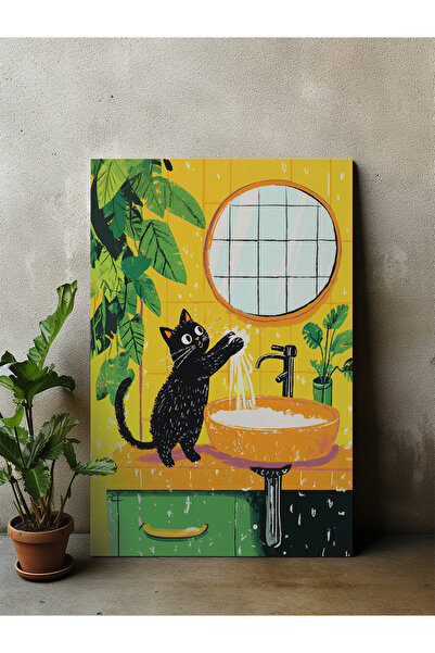 DES VU PRINT Ellerini Yıkayan Kedi Posteri, Kedi Temalı Poster, Banyo Kedi Te...