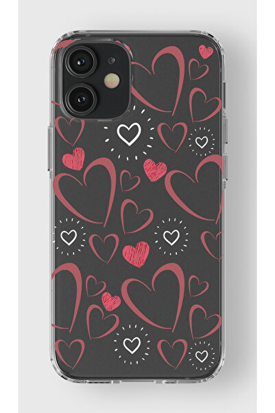 moonset Iphone 12 Mini Uyumlu Kalpler Tasarımlı Baskılı Şeffaf Telefon Kılıfı