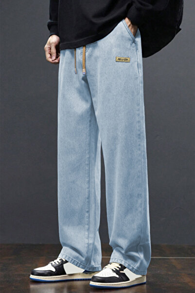 THE RULE Erkek Açık Mavi Baggy Beli Lastikli Likralı Düz Paça Bol Kesim Rahat Denim Jean Pantolon RF0480